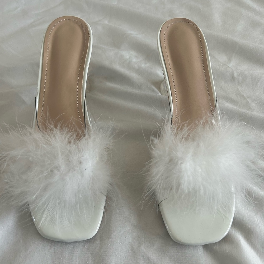 BRIDES: white/clear feathery heels